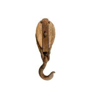 Vintage Large Wood & Cast Iron Block & Tackle Single Pulley with Hook 10lbs